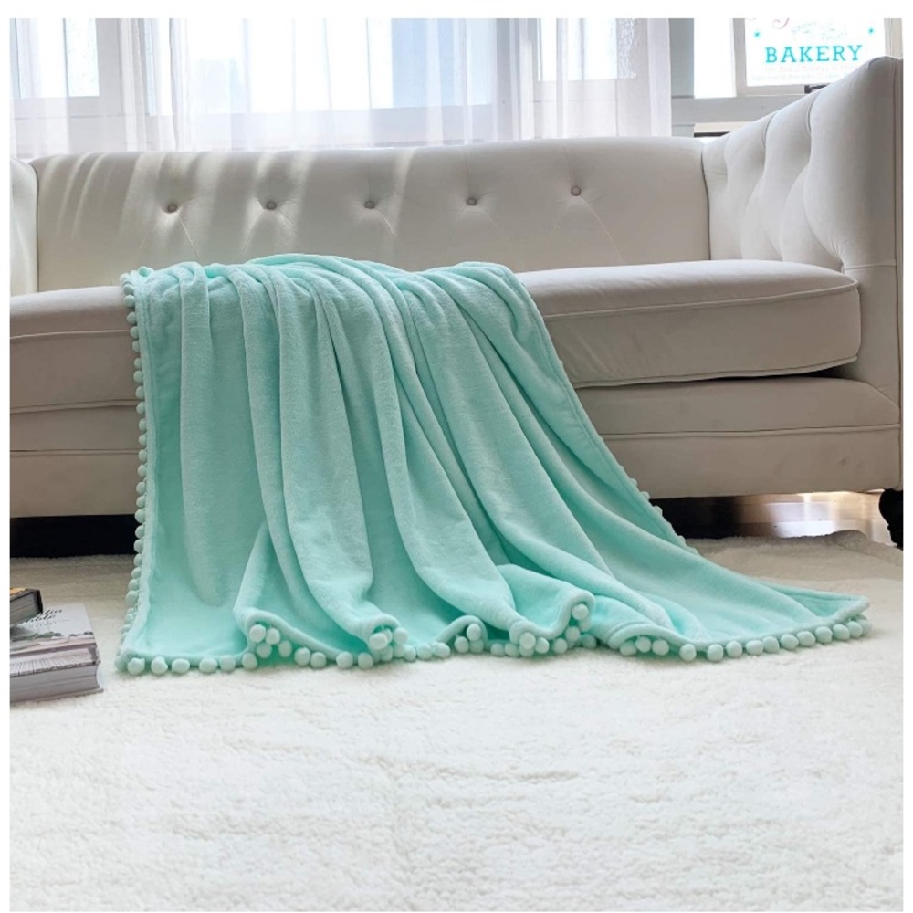 Vibrant Mint Green Pompom Fringe Chic Cozy Soft Throw Blanket/Cover - Picture 4 of 16